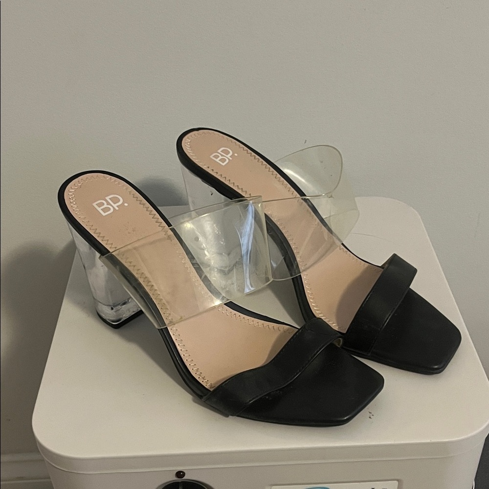 bp Black and Clear Block Heel Slide Sandals